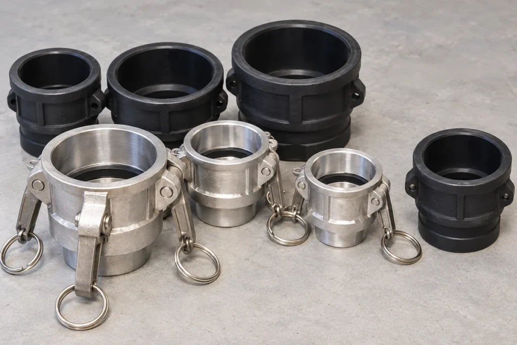 Illustration of black polymer and silver metal camlock hose couplings on a counter.