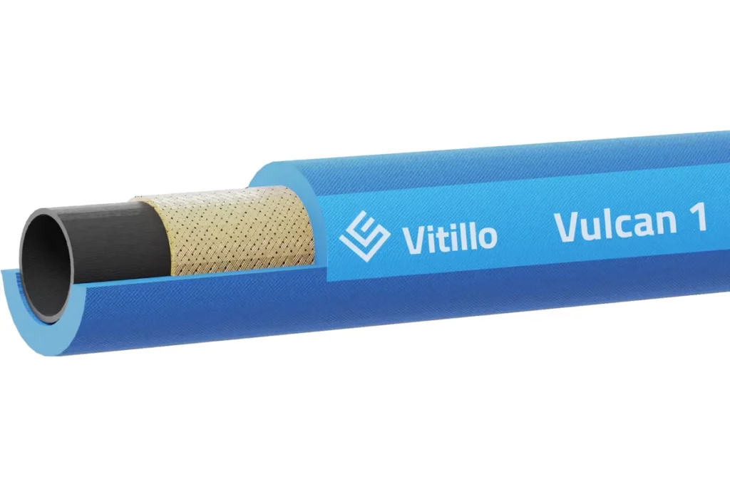Blue Vitillo Vulcan 1 hydraulic hose cutaway showing its reinforcement.