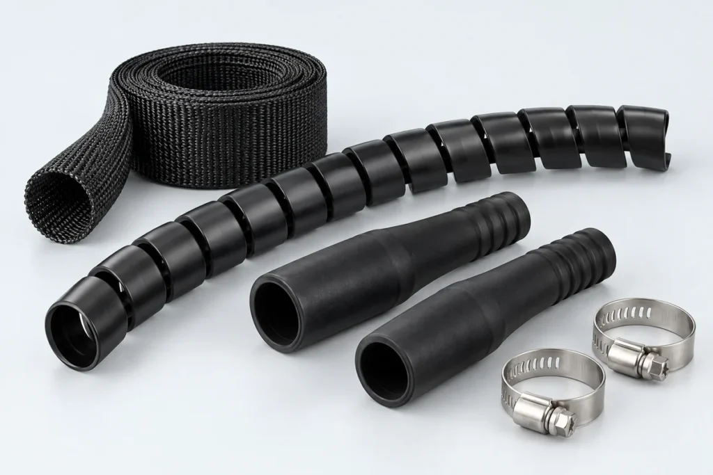 Illustrated hose accessories and protective sleeving