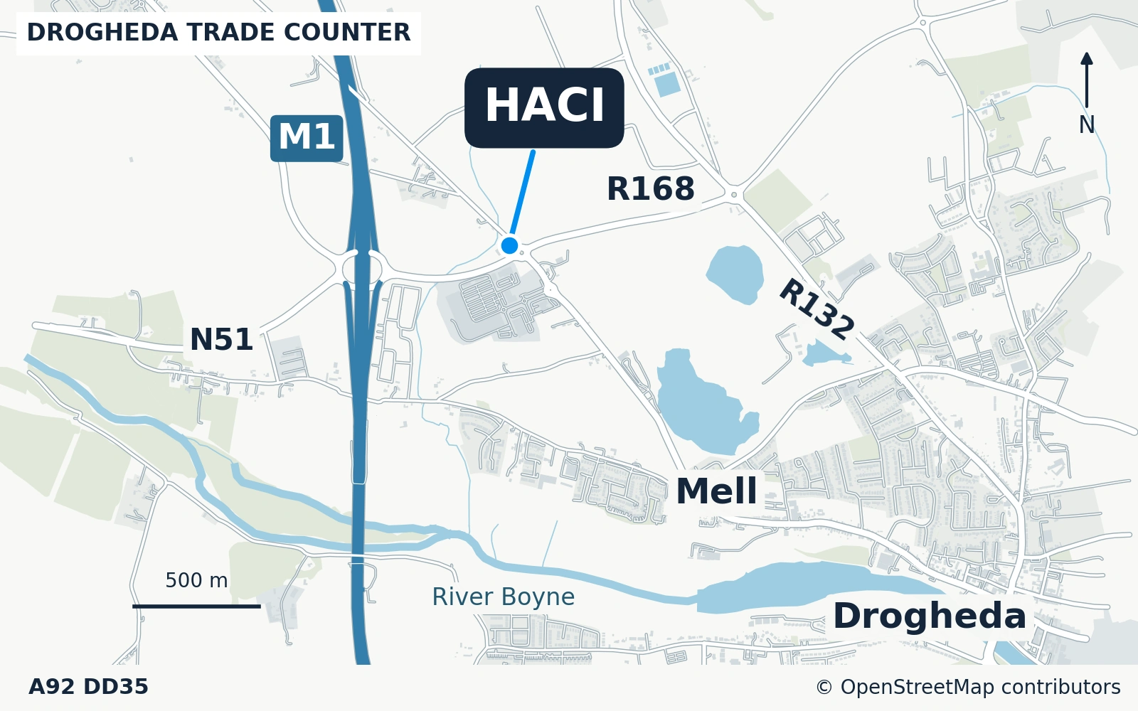 Map showing HACI in Waterunder, near the M1 and R168, Drogheda.