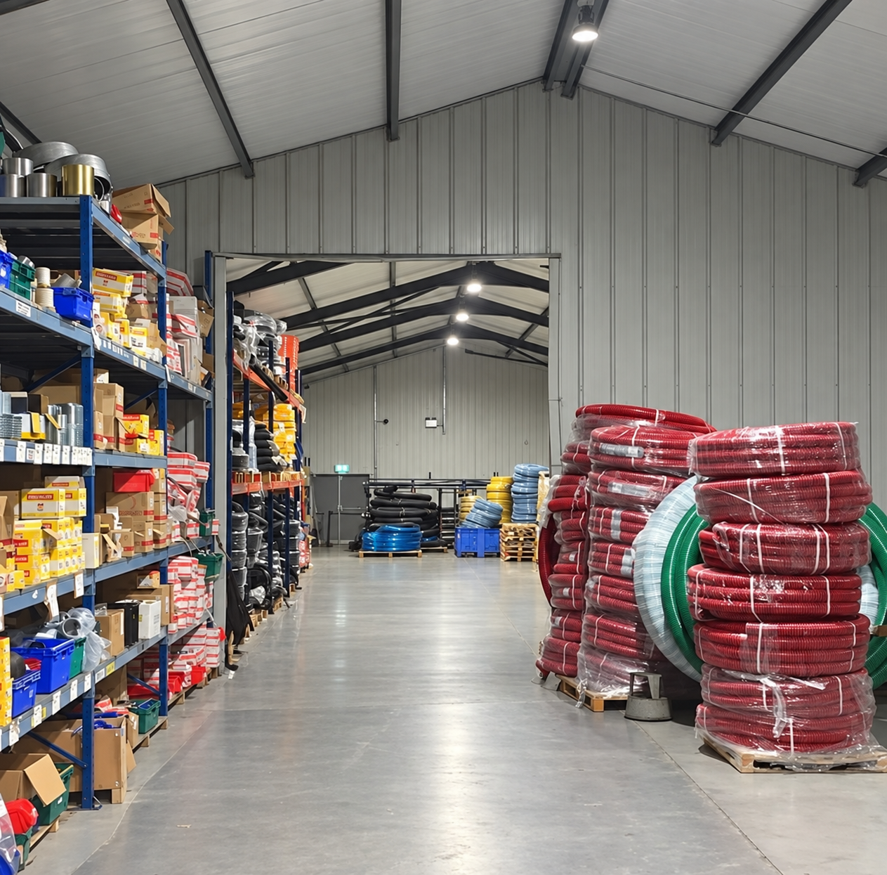Shelving of boxed components and stacked hose coils in the HACI warehouse in Drogheda