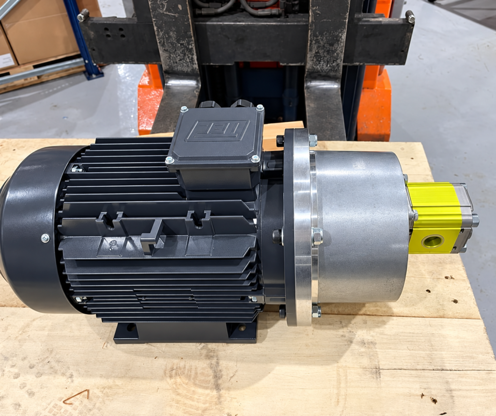 Electric motor coupled to a yellow hydraulic gear pump, resting on a timber pallet