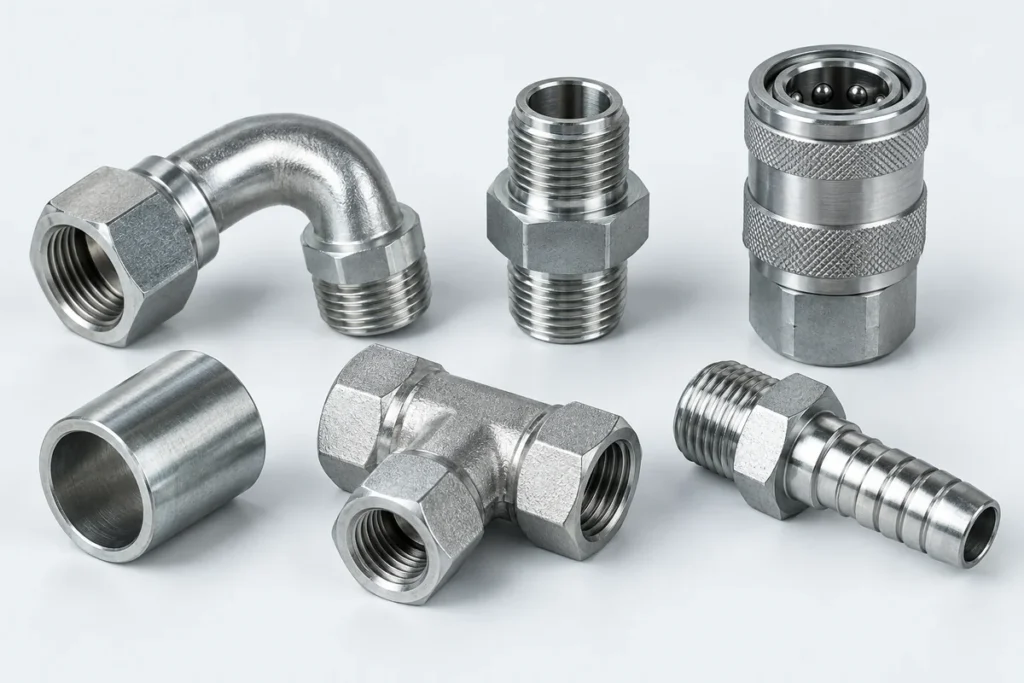Illustrated selection of hydraulic fittings and couplings